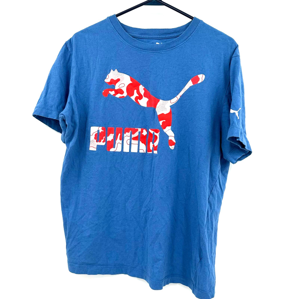 Puma size Medium blue short sleeve t-shirt red white logo graphic across chest